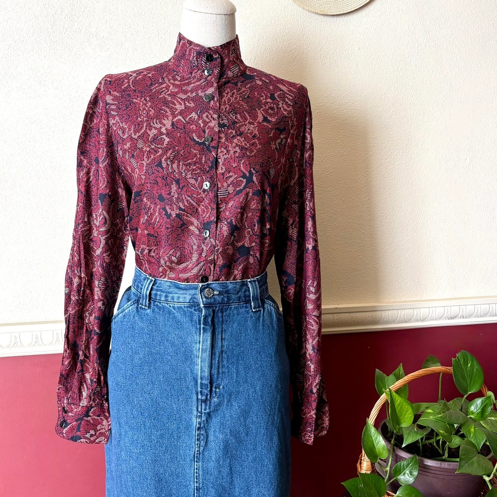 Breckenridge Vintage Burgudy Floral Paisley High Neck Button Up Blouse 6 Rayon